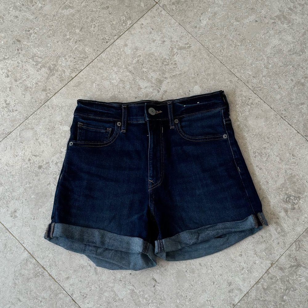 Dark wash midi denim shorts